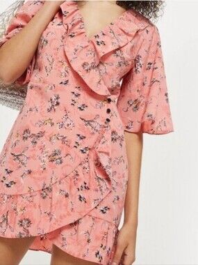 Top Shop Floral Ruffle Wrap Dress - Coral Pink Size 8